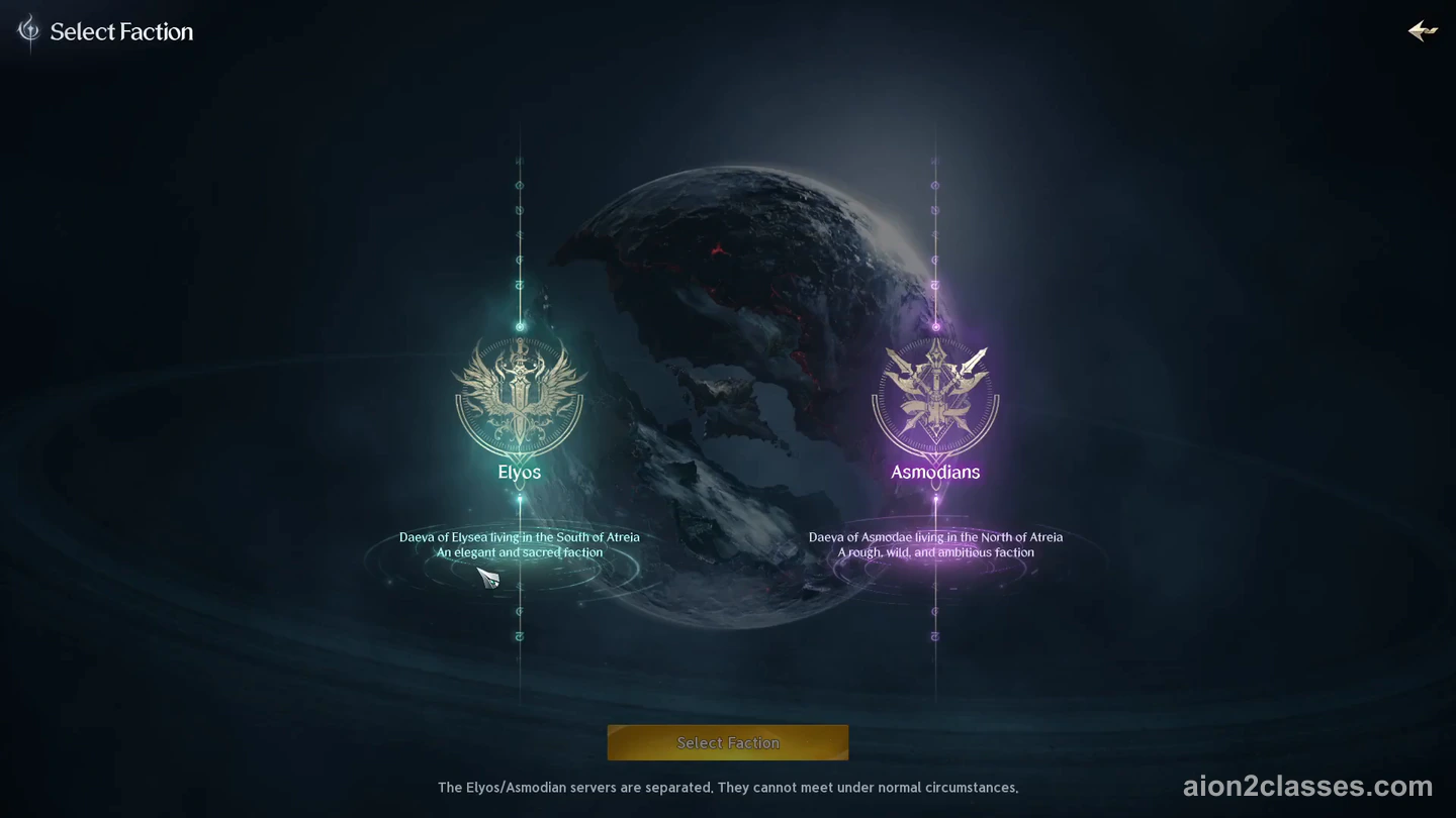 The Select Faction screen of AION 2 character creation: the Elyos crest on the left and the Asmodian crest on the right, in front of a planet