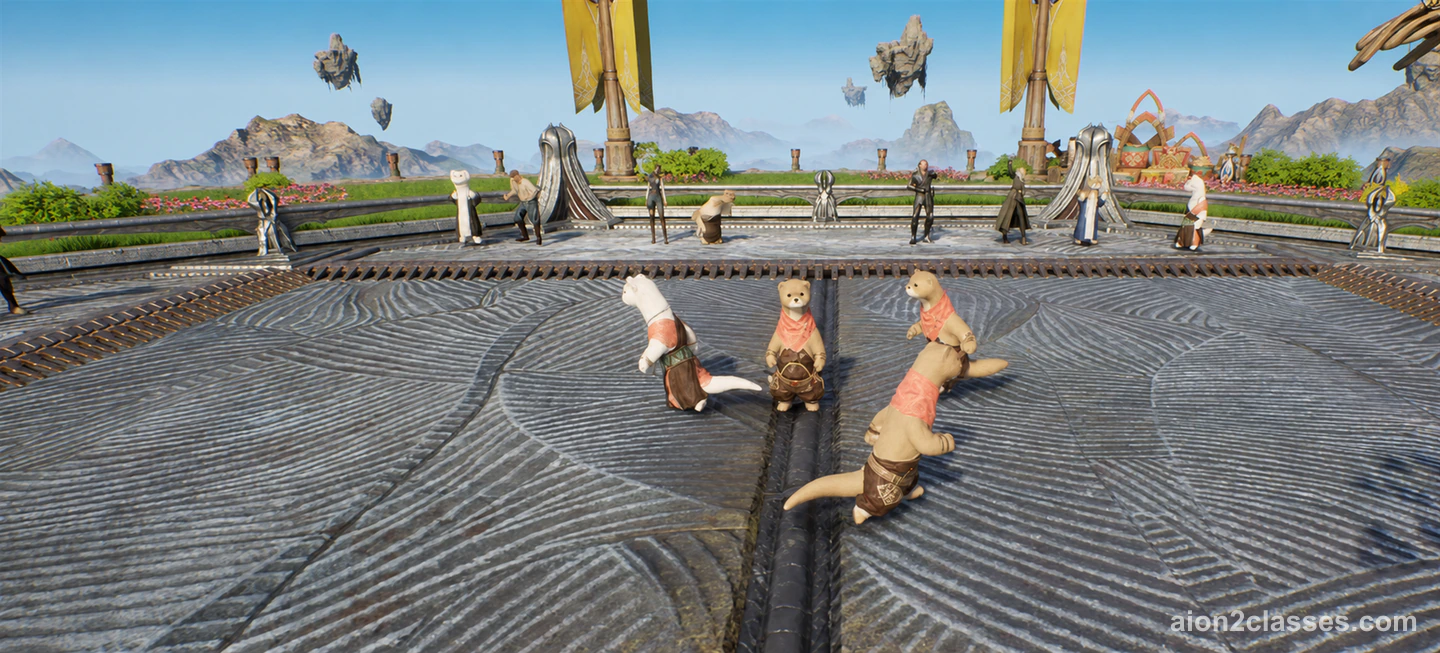 Four AION 2 players turned into Shugos, small furry creatures in pink scarves, on a carved stone arena floor under a blue sky with yellow banners