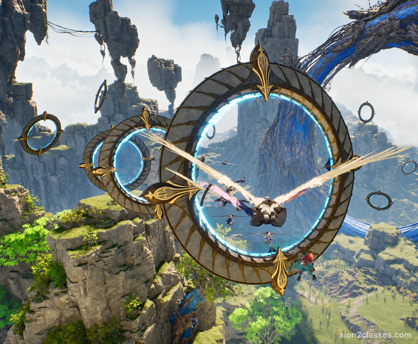 A player with wide pale wings flying through a large golden ring among floating rock pillars above a green valley