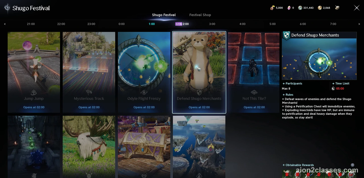 The Shugo Festival window in AION 2: an hourly timeline across the top, cards for the minigames, and the rules of Defend Shugo Merchants on the right