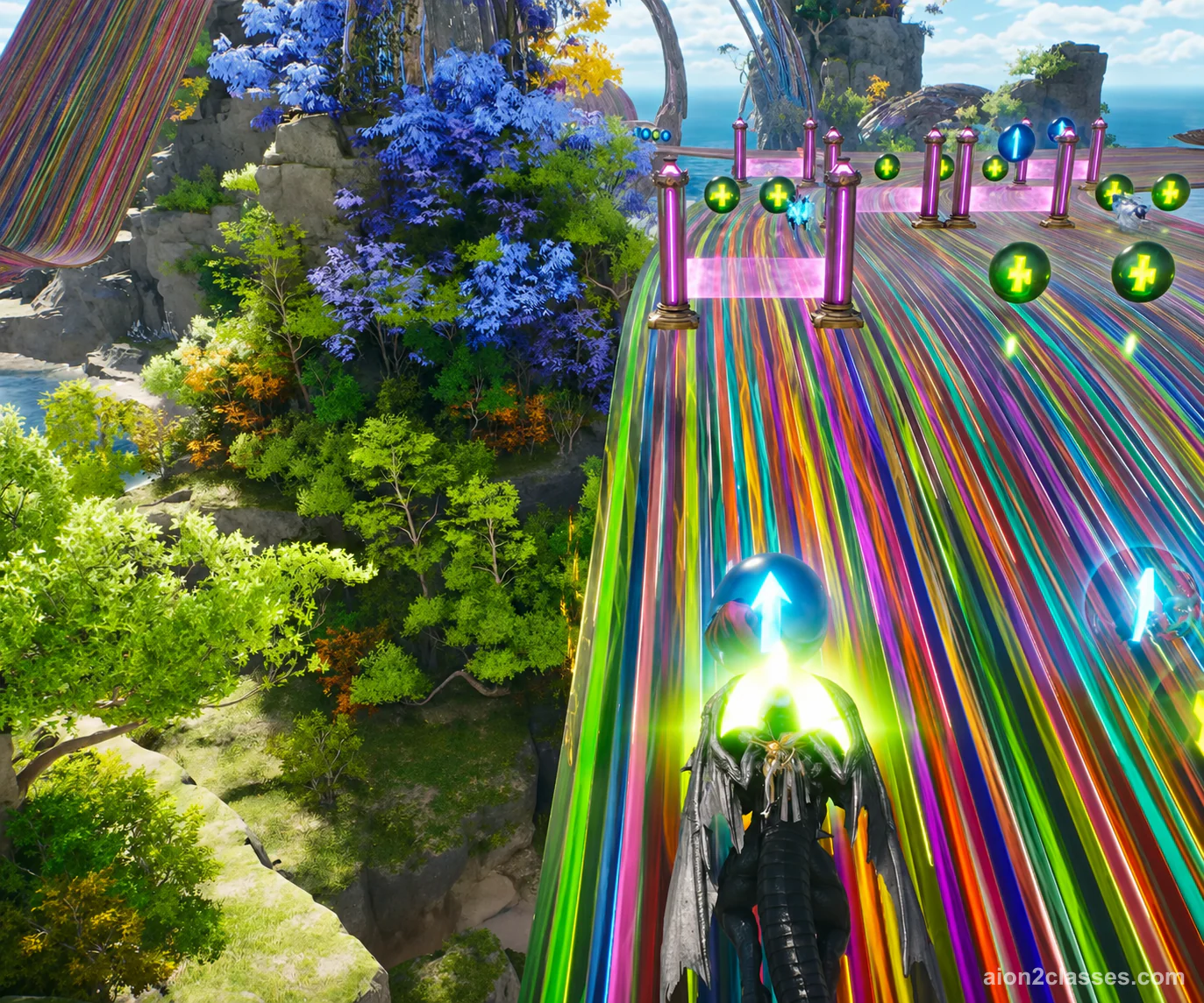 A player on a dark winged mount racing down a rainbow-striped track over a forested cliff, glowing green and blue orbs floating ahead