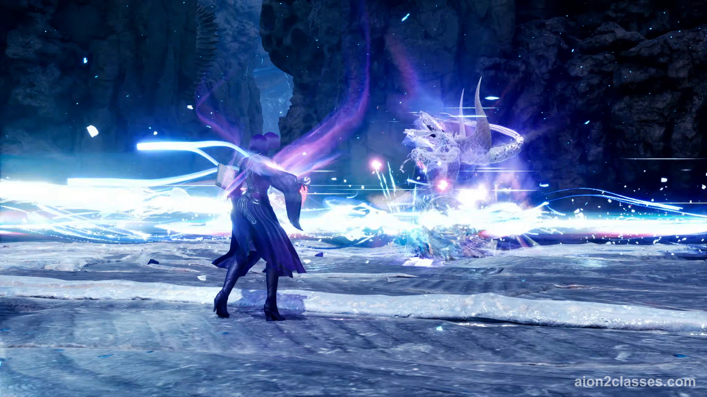 An AION 2 caster in a dark purple coat sending a stream of blue light at a crystal creature on an icy floor