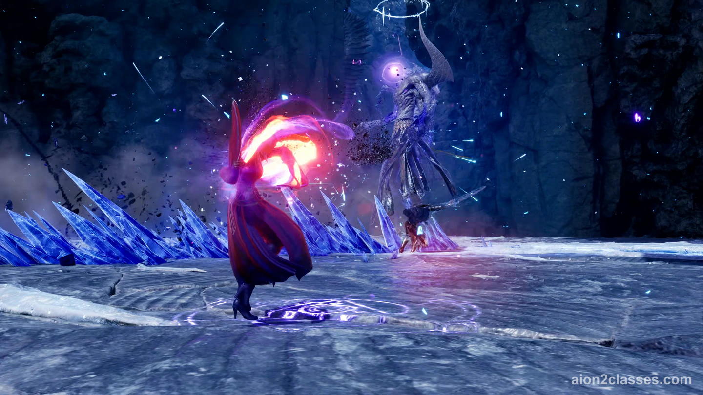 An AION 2 caster in a red cloak raising a burst of red light beside a row of blue ice crystals, facing a horned spirit