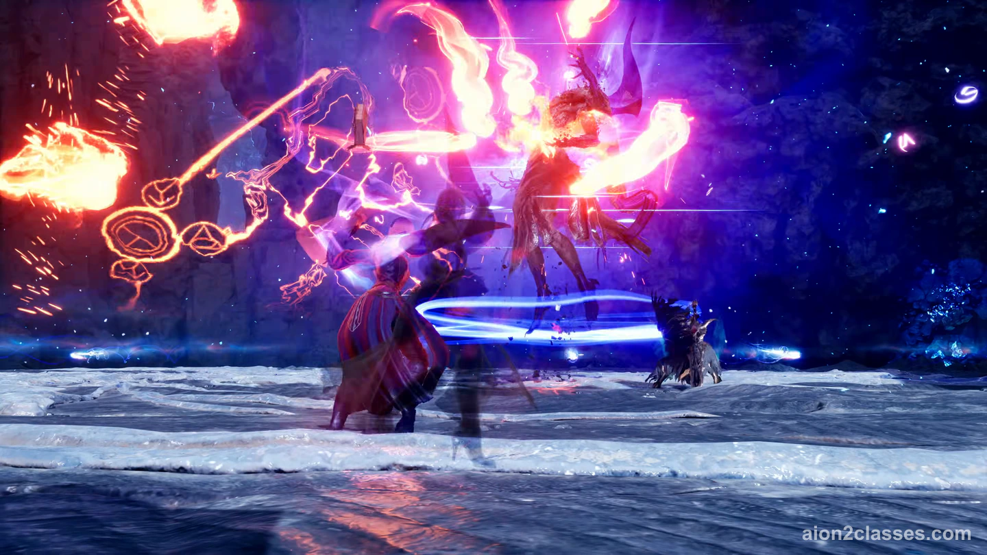 An AION 2 caster in a red cloak throwing fire and glowing runes at a towering burning enemy on an icy floor