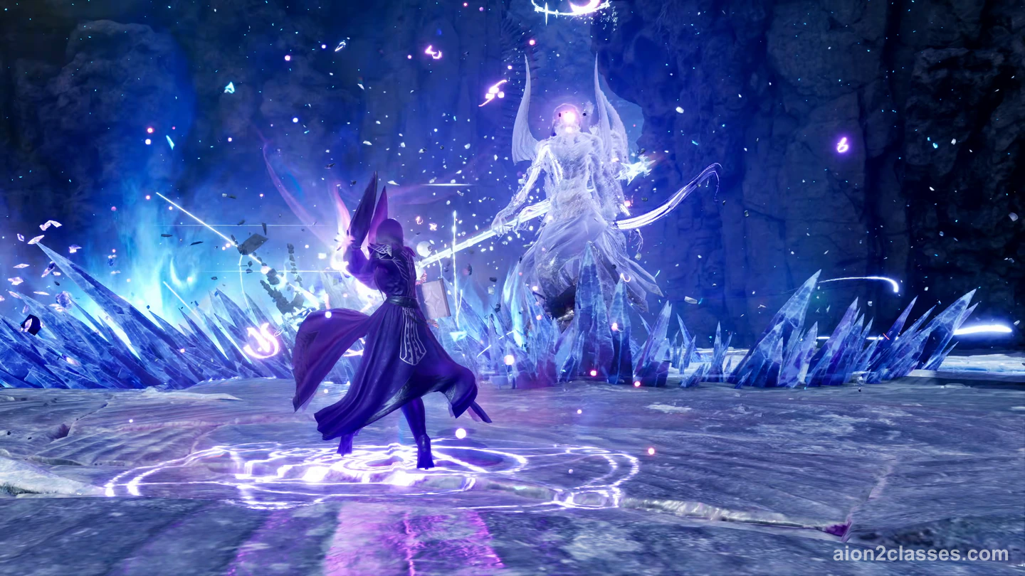An AION 2 caster in a hooded purple robe with a book at the hip, standing in a glowing rune circle facing a giant ice spirit among blue crystals