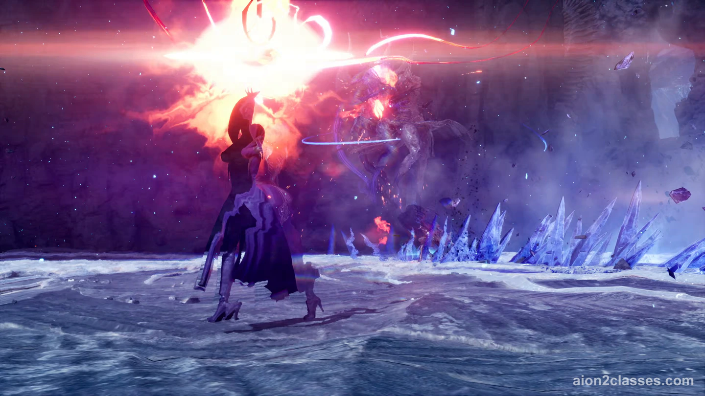 Eine AION 2 Figur in dunklem Mantel auf einem eisigen Boden unter violettem Himmel, über ihr eine rote Explosion, dahinter blaue Kristalle