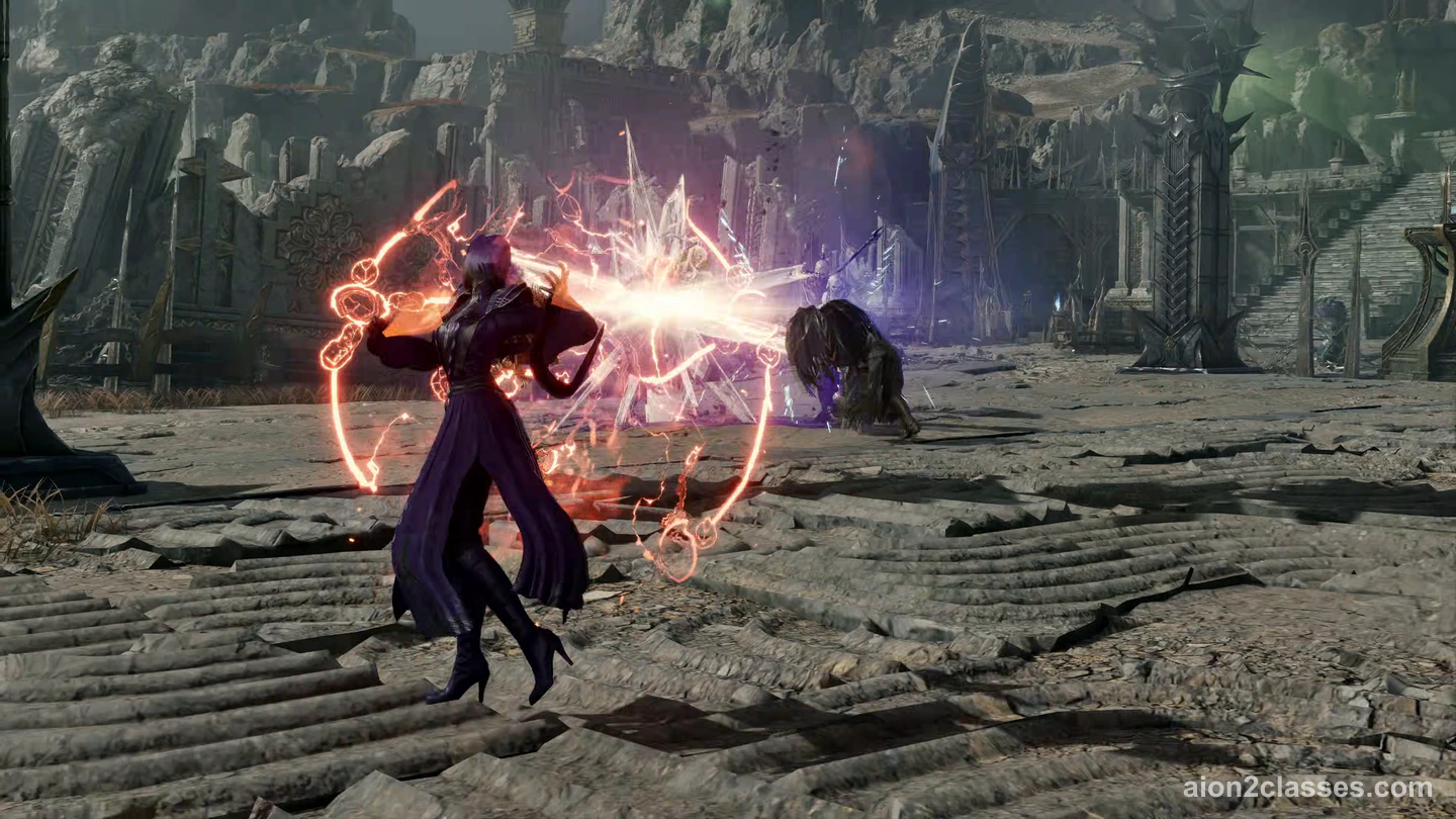 An AION 2 caster in a long dark coat inside a ring of glowing orange runes, firing a beam of white light at a beast in stone ruins