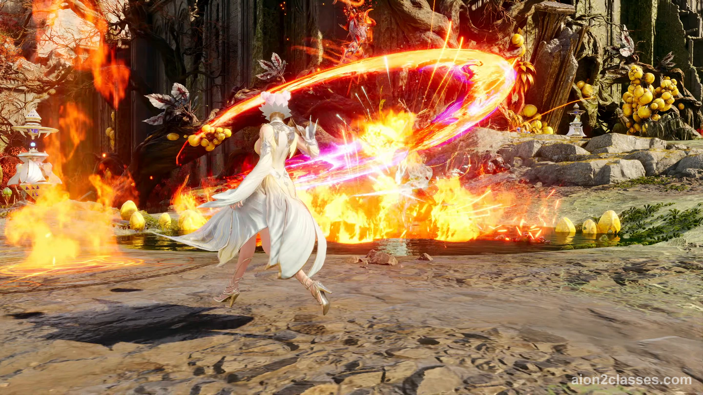 An AION 2 caster in a white dress running through a sweeping arc of fire beside piles of golden fruit