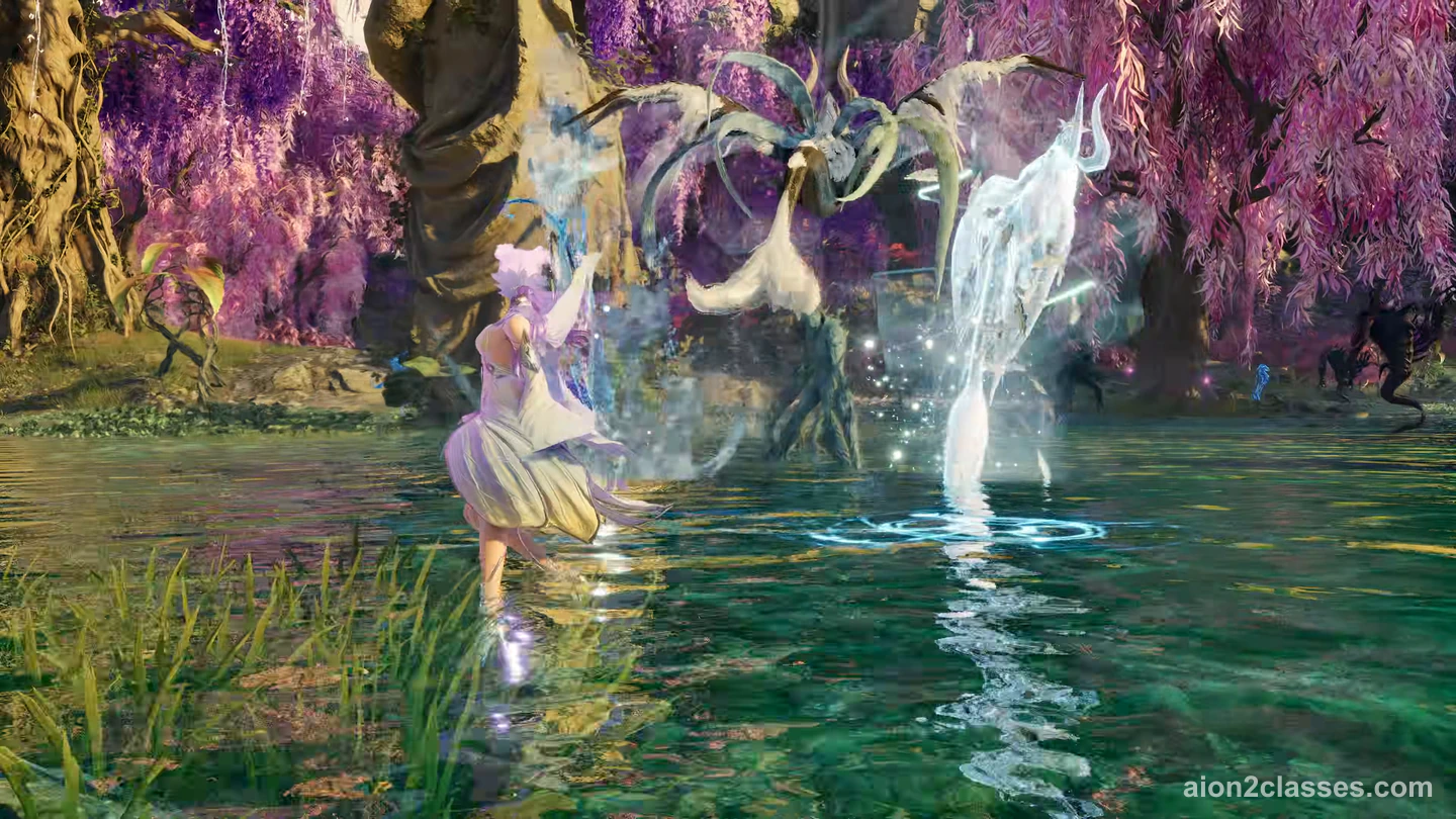 An AION 2 caster in white standing in a green pond beside a pale water spirit, under trees with purple leaves