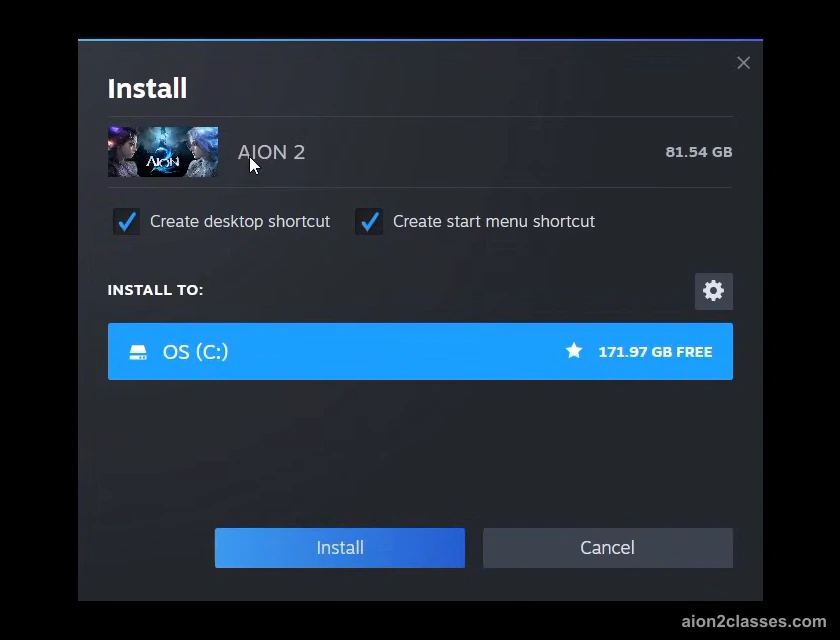 Das Installationsfenster von Steam für AION 2 mit Kästchen für Desktop- und Startmenü-Verknüpfungen, dem Ziellaufwerk und dem Knopf zum Installieren