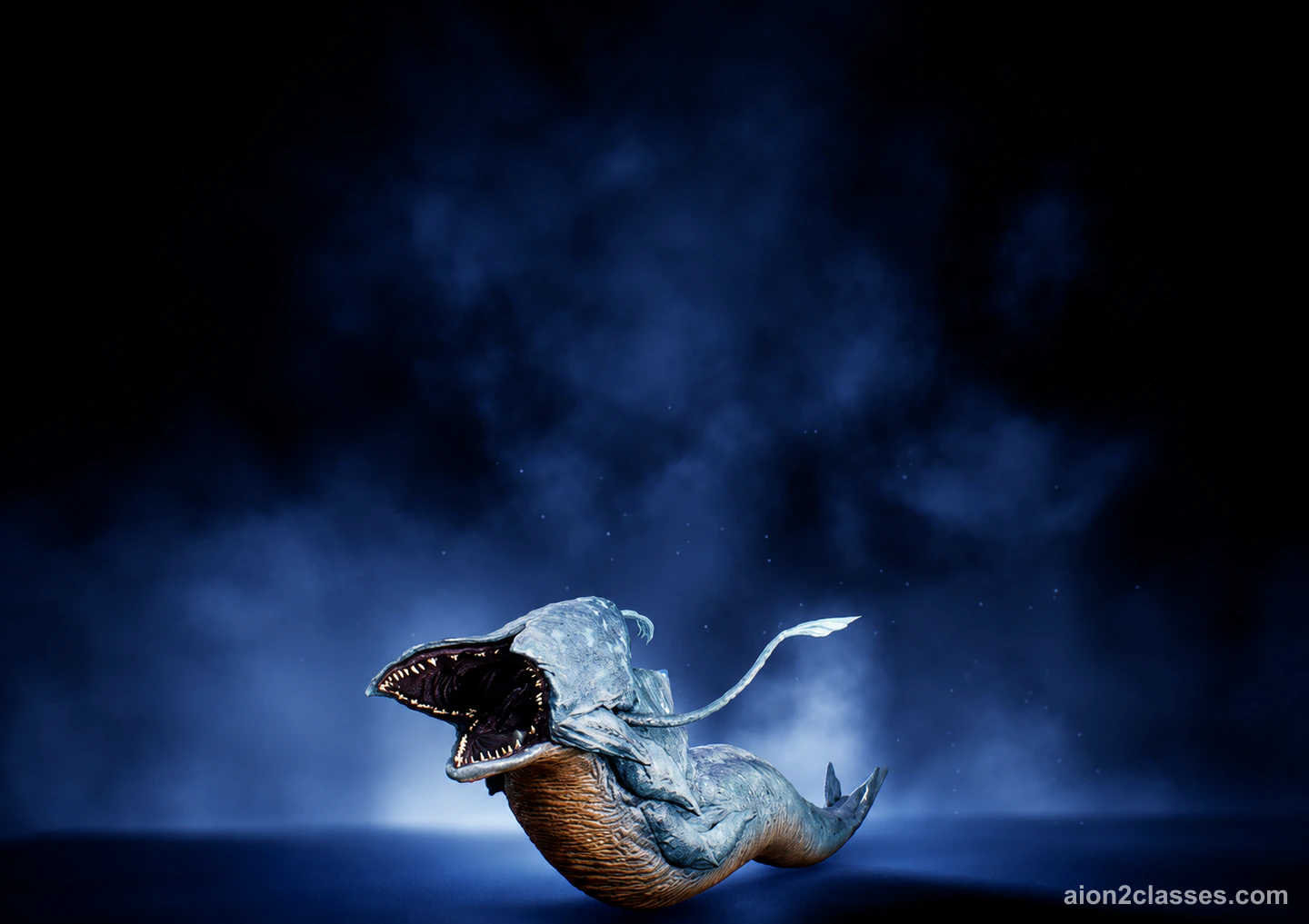 The Swarm pet in the AION 2 Pets menu: a pale blue eel-like creature with a wide toothy mouth and a curled tail, on a dark blue stage