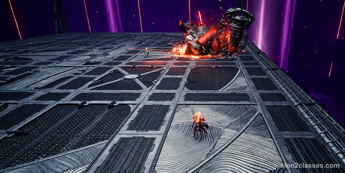 An AION 2 Templar in red and gold armor alone on a huge grated metal platform in a purple night sky, a giant mechanical boss bursting apart in fire behind