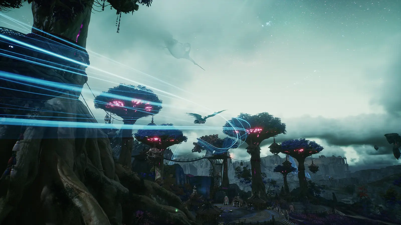 A misty AION 2 town of giant mushroom-shaped trees glowing pink, with streaks of blue light and flying creatures in the sky