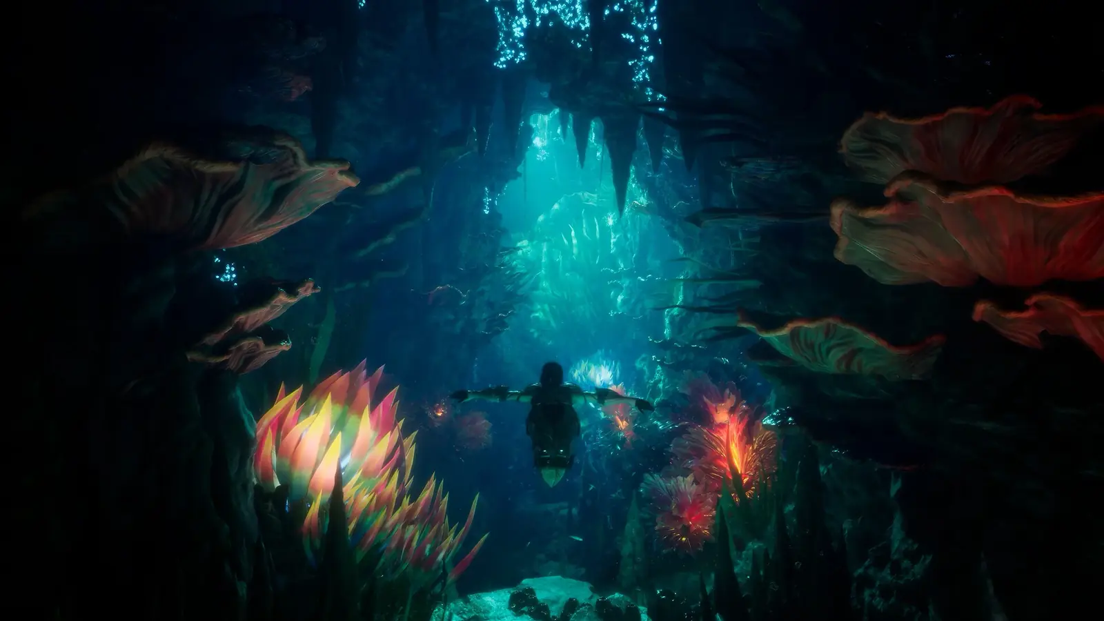 An AION 2 character swimming through an underwater cave lit by glowing corals and sea anemones toward a shaft of blue light