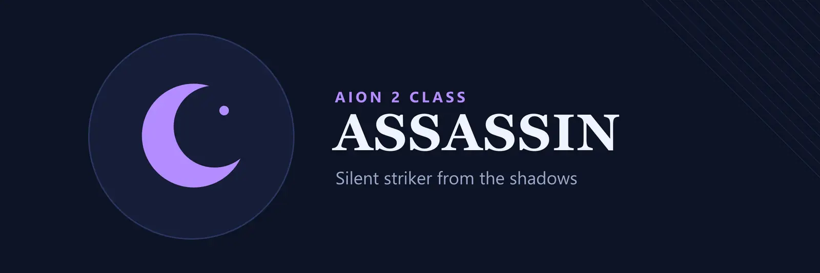 Title card for the AION 2 Assassin class: the class name on a dark blue field with our own emblem and the words "Silent striker from the shadows"