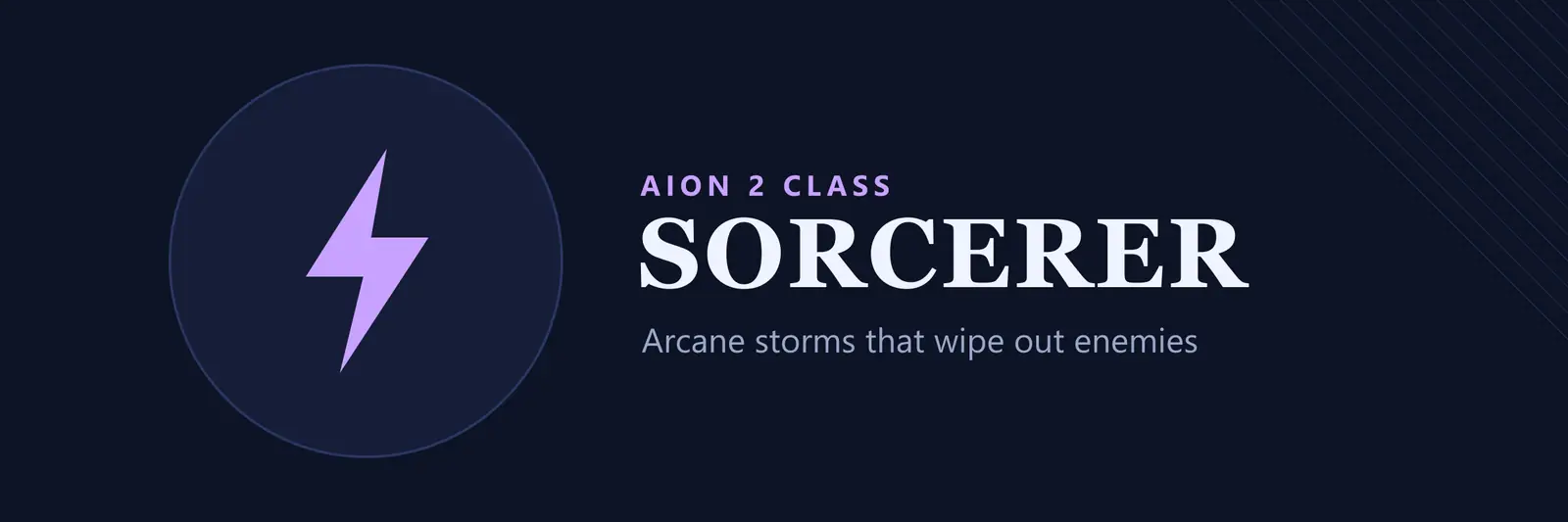 Title card for the AION 2 Sorcerer class: the class name on a dark blue field with our own emblem and the words "Arcane storms that wipe out enemies"