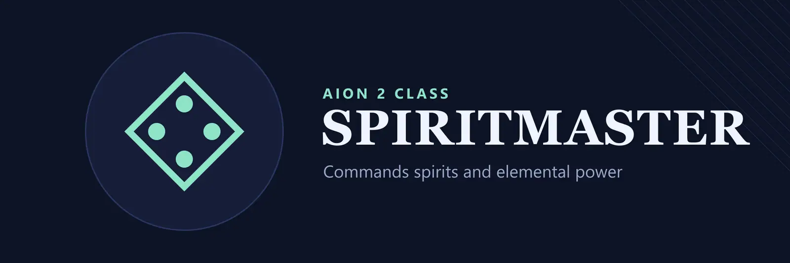 Title card for the AION 2 Spiritmaster class: the class name on a dark blue field with our own emblem and the words "Commands spirits and elemental power"